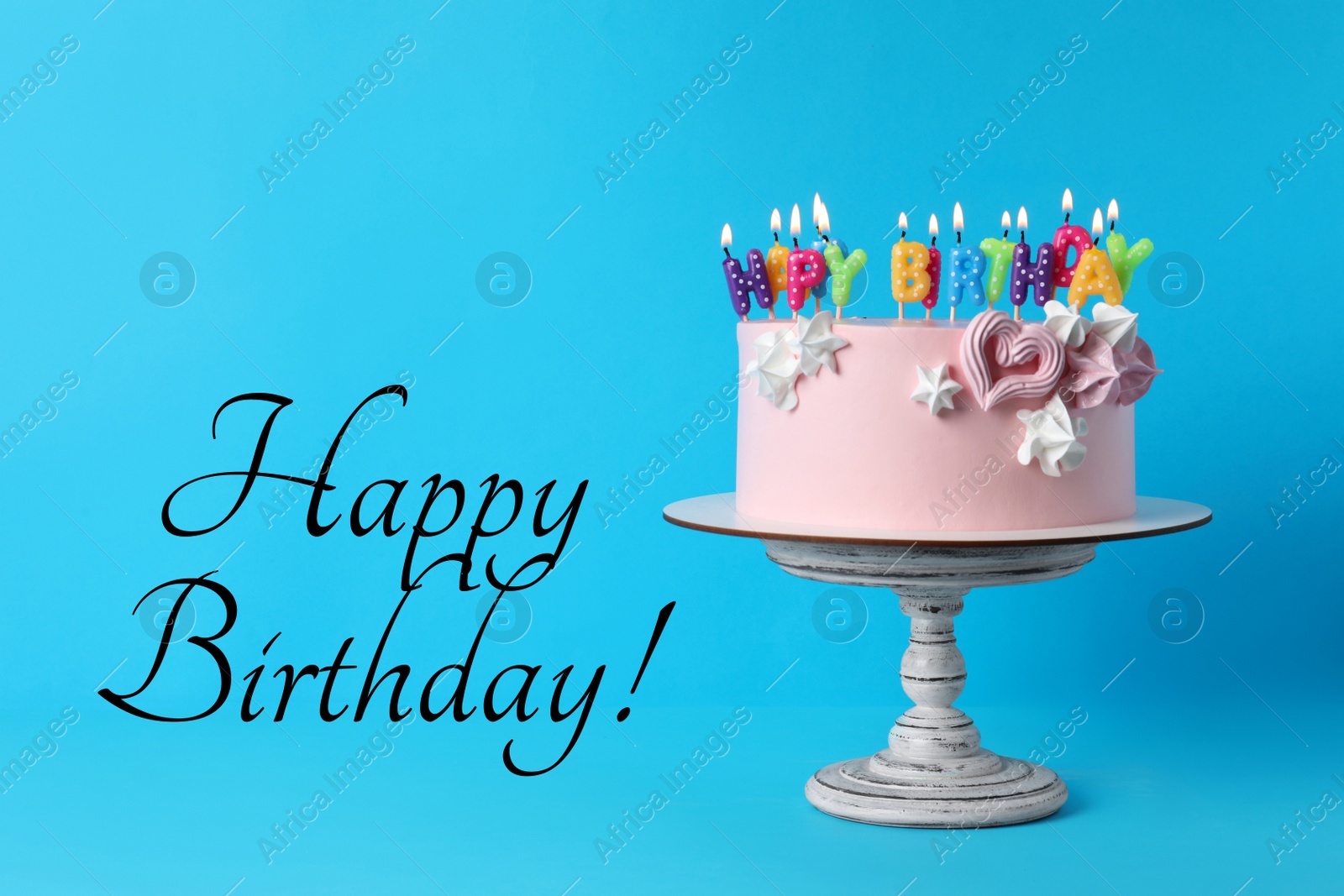 Image of Happy Birthday! Delicious cake with burning candles on light blue background