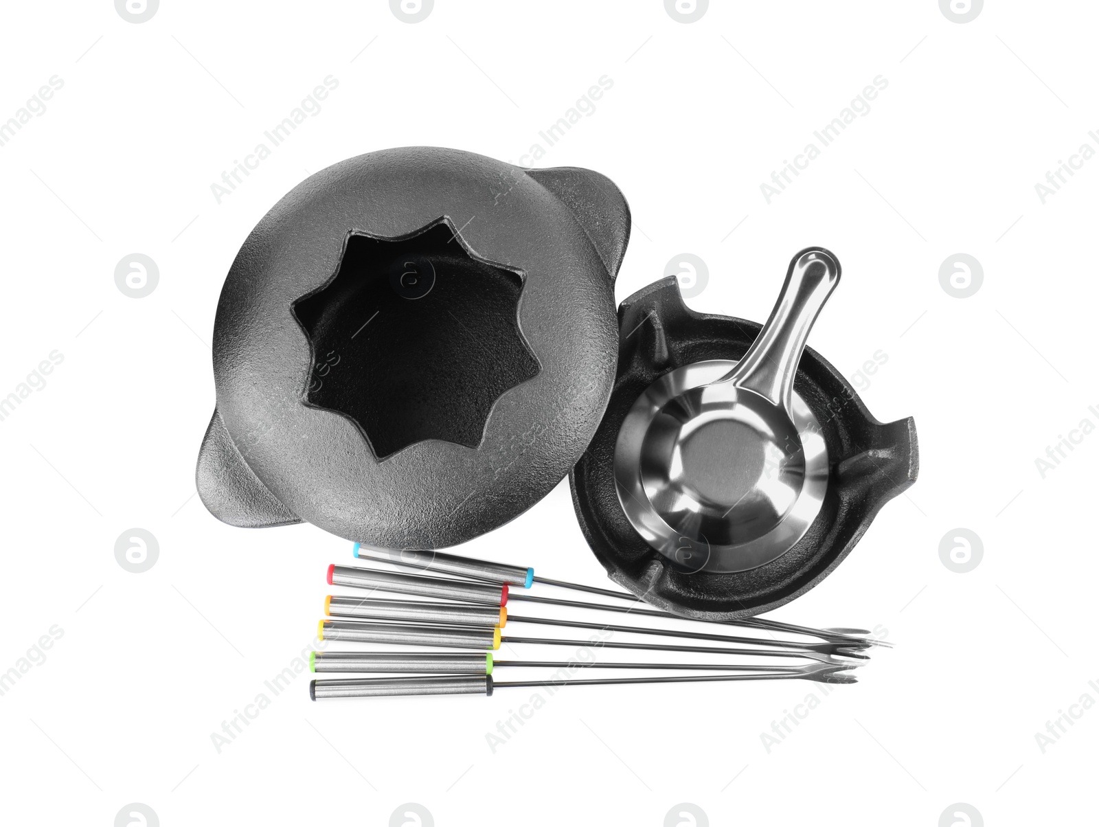 Photo of Fondue set isolated on white, top view. Kitchen equipment