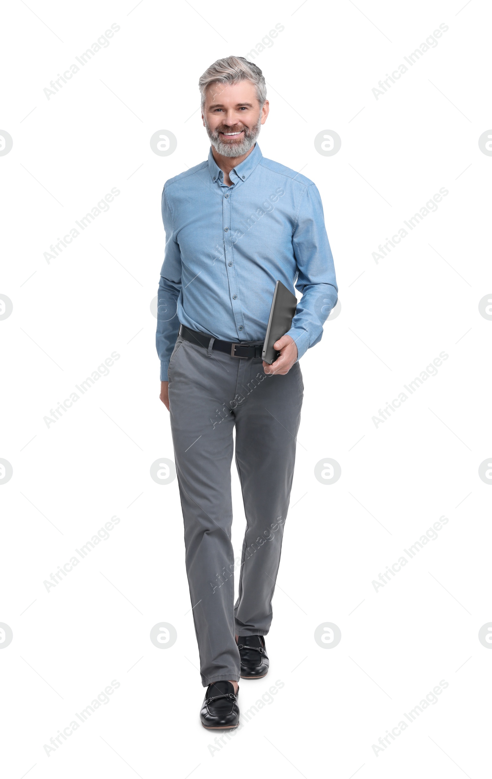 Photo of Mature businessman in stylish clothes with laptop on white background