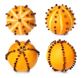 Set with different pomander balls made of fresh tangerines and cloves on white background