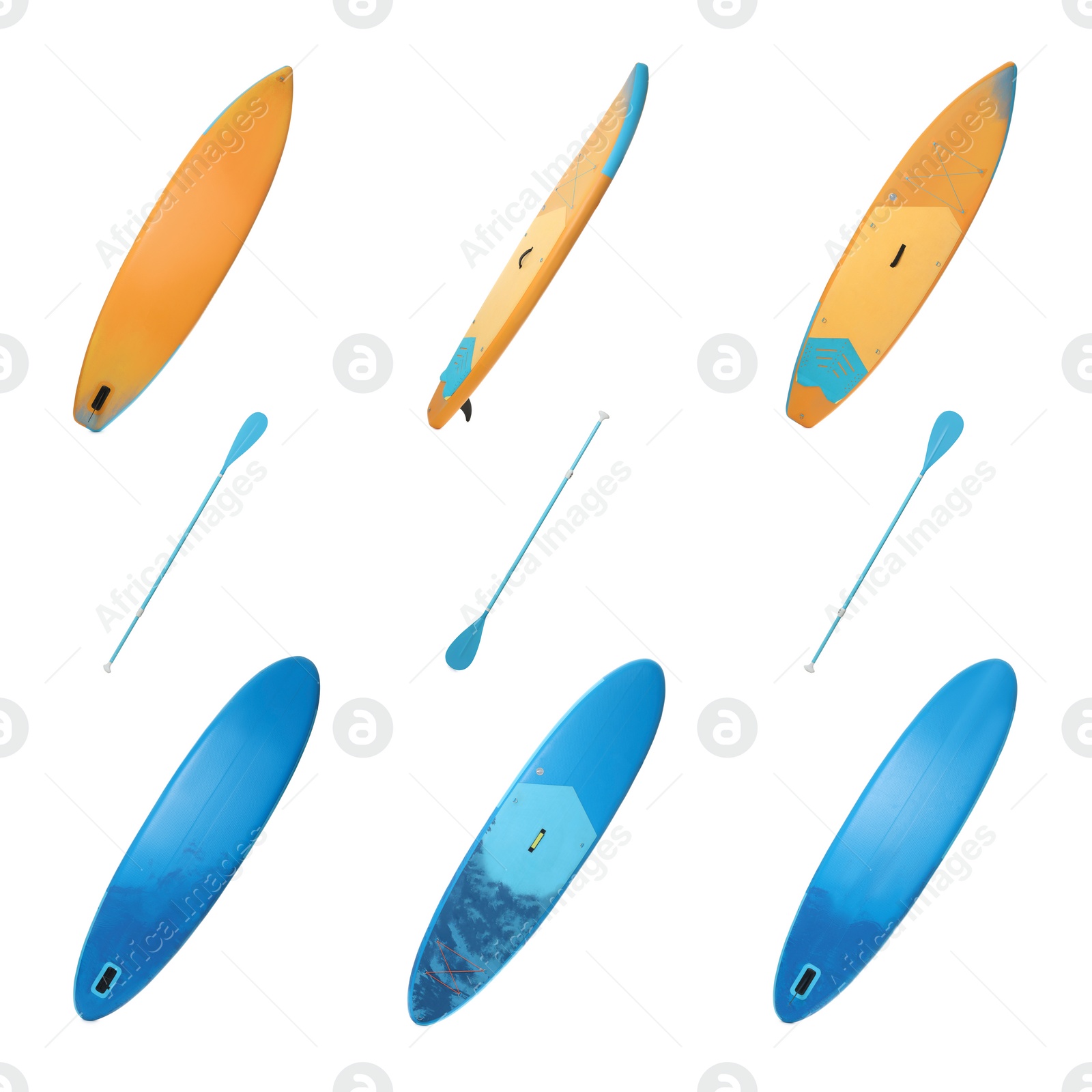 Image of Collage with SUP boards with paddle isolated on white, different sides