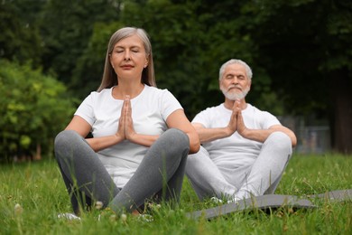 Photo of Senior couple practicing yoga on green grass in park, selective focus