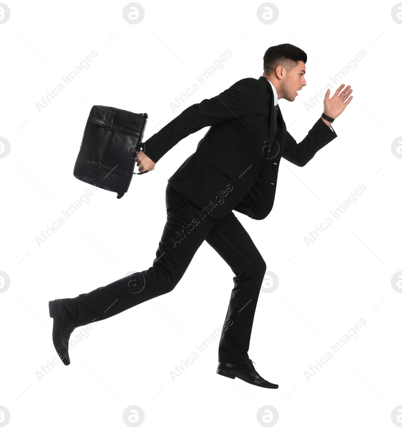 Photo of Businessman with stylish leather briefcase running on white background