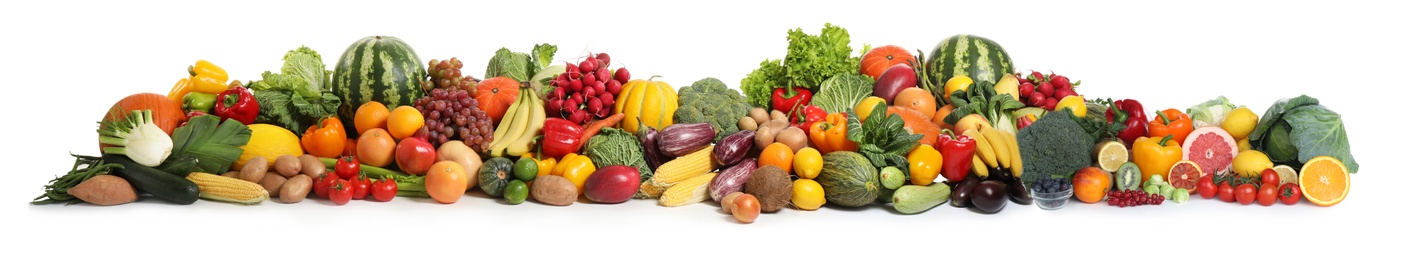 Collection of fresh organic vegetables and fruits on white background. Banner design 