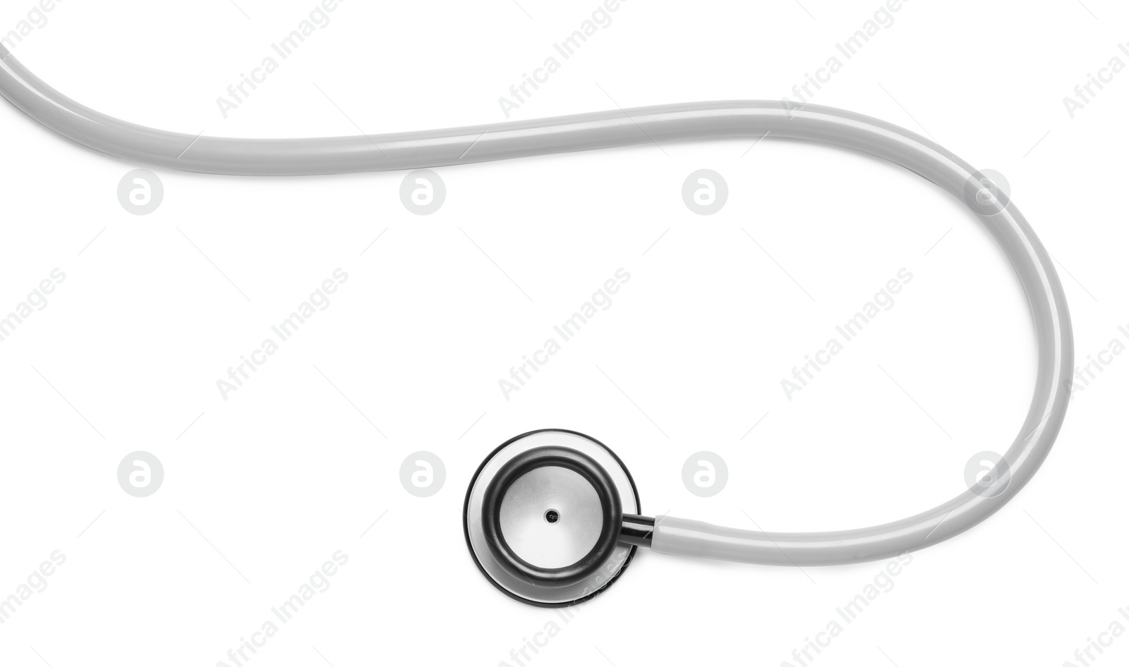 Photo of Modern stethoscope on white background, top view