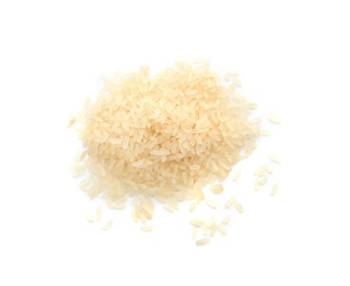 Pile of uncooked rice on white background, top view