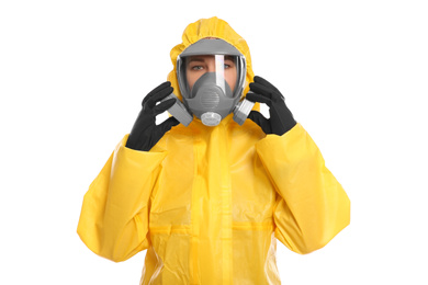 Woman wearing chemical protective suit on white background. Virus research