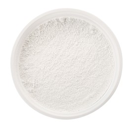 Photo of Bowl of tooth powder on white background, top view