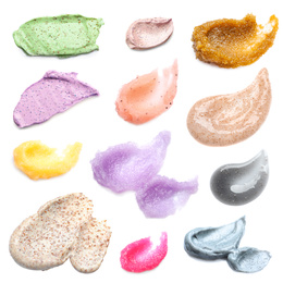 Set with different samples of natural scrubs on white background, top view  