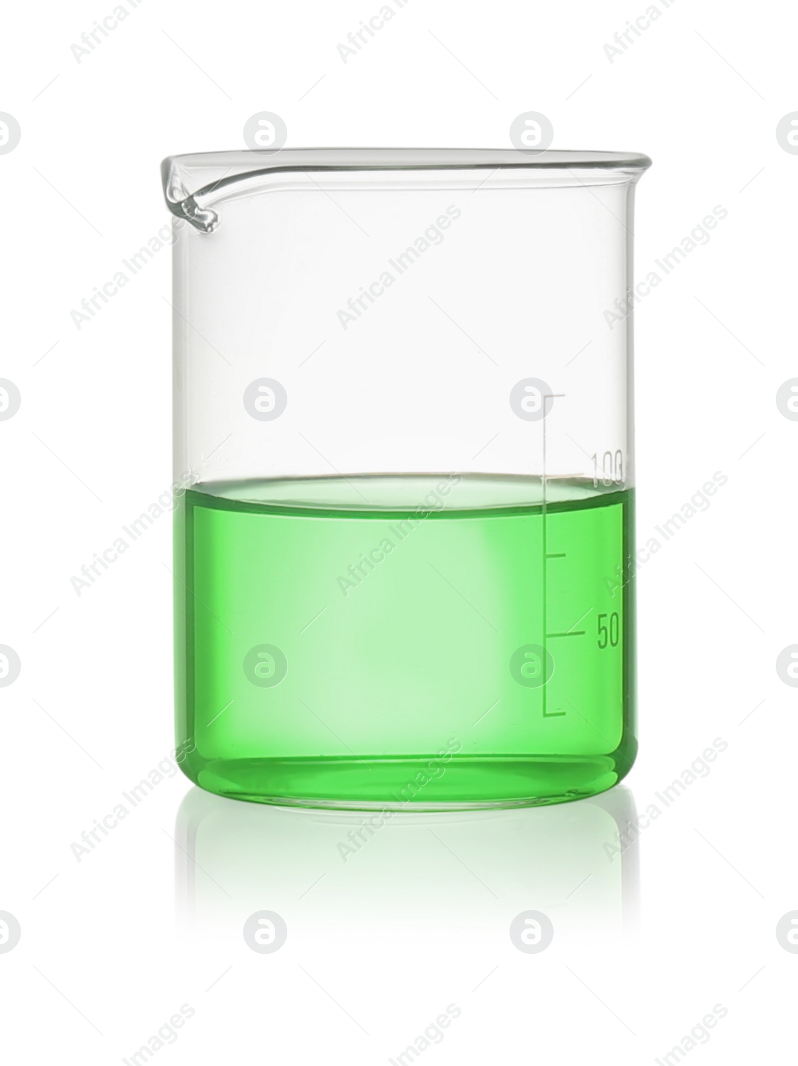 Photo of Beaker with light green liquid isolated on white