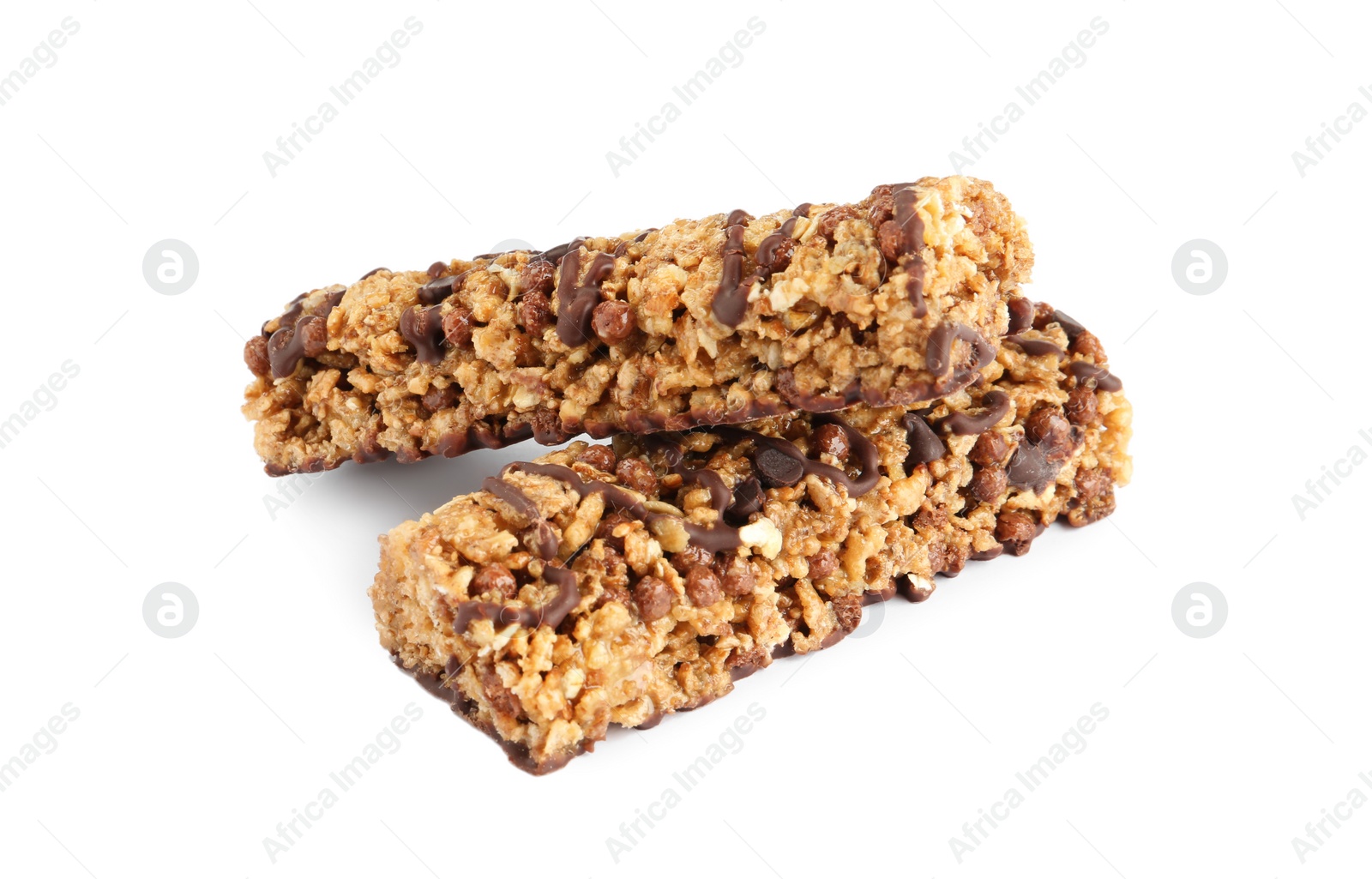 Photo of Granola bars with chocolate on white background. High protein snack