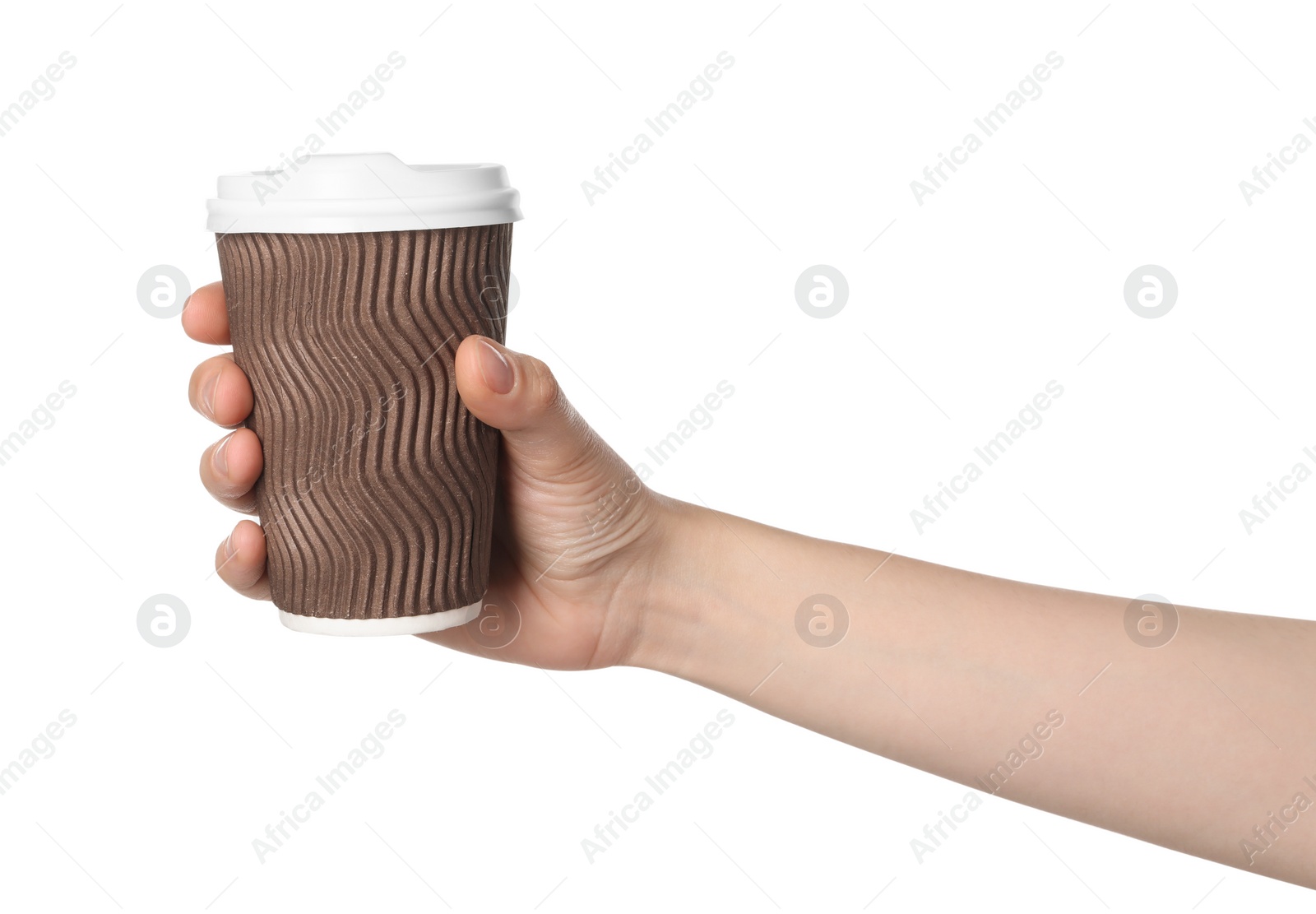 Photo of Woman holding paper cup of tasty drink on white background. Coffee to go