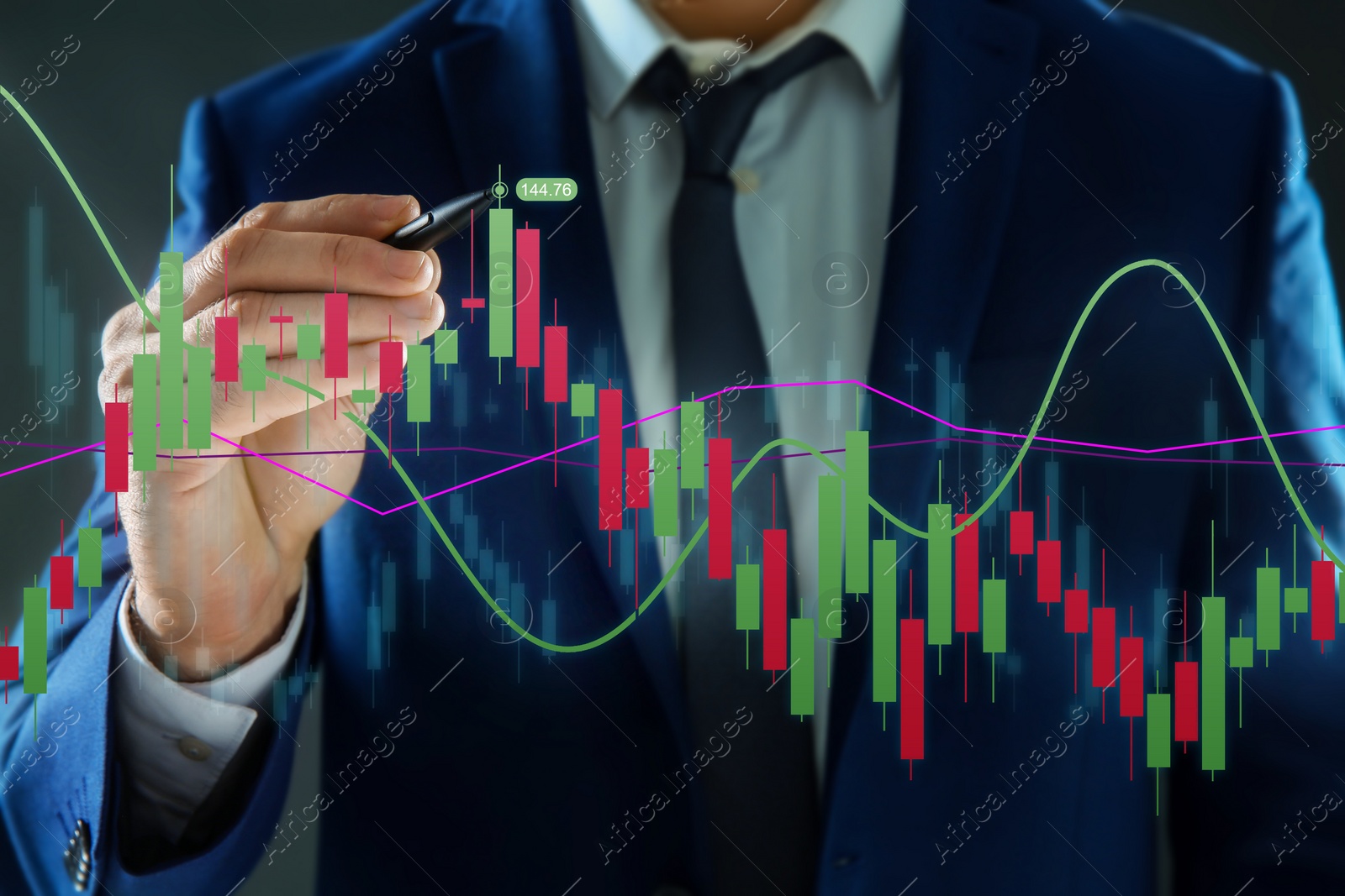 Image of Stock exchange. Businessman pointing at virtual screen electronic online trading platform, closeup