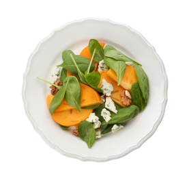 Photo of Delicious persimmon salad with blue cheese and spinach isolated on white, top view