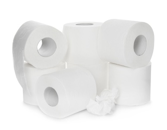 Rolls of toilet paper on white background