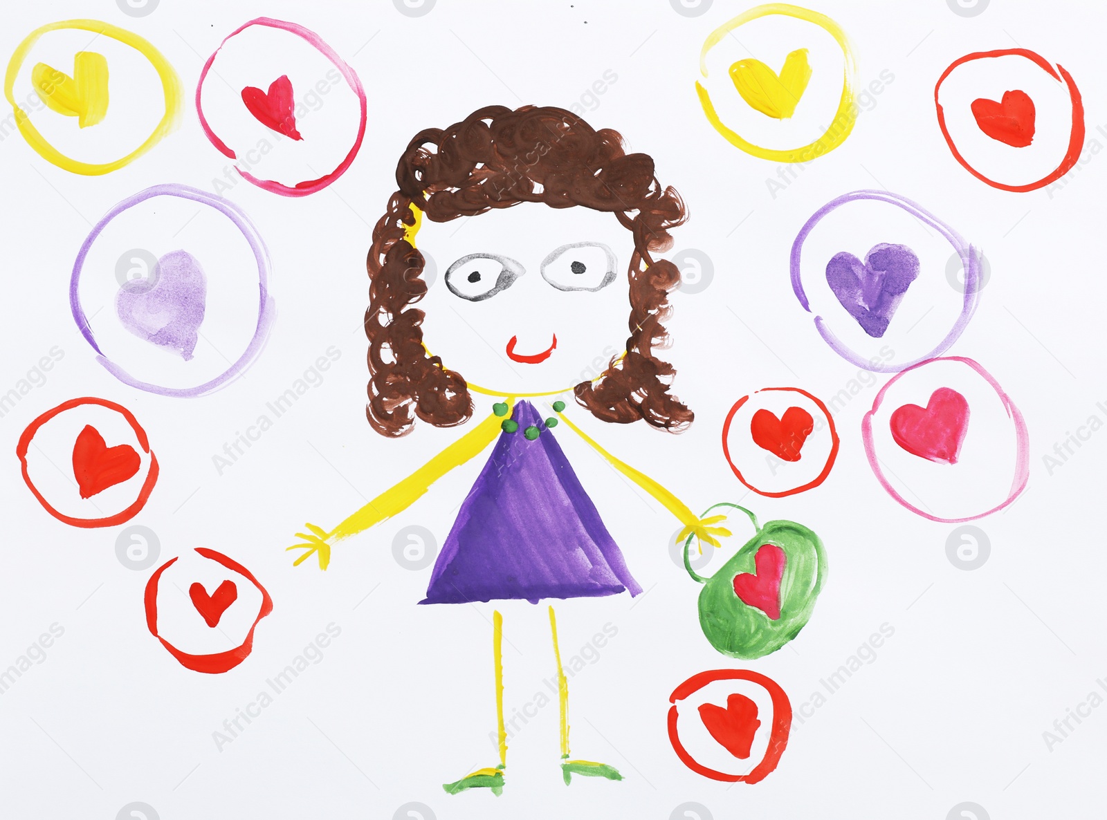 Photo of Colorful children painting of pretty girl on white background