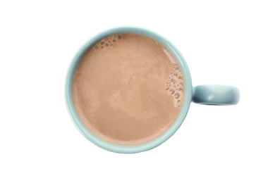 Delicious cocoa drink in cup on white background, top view