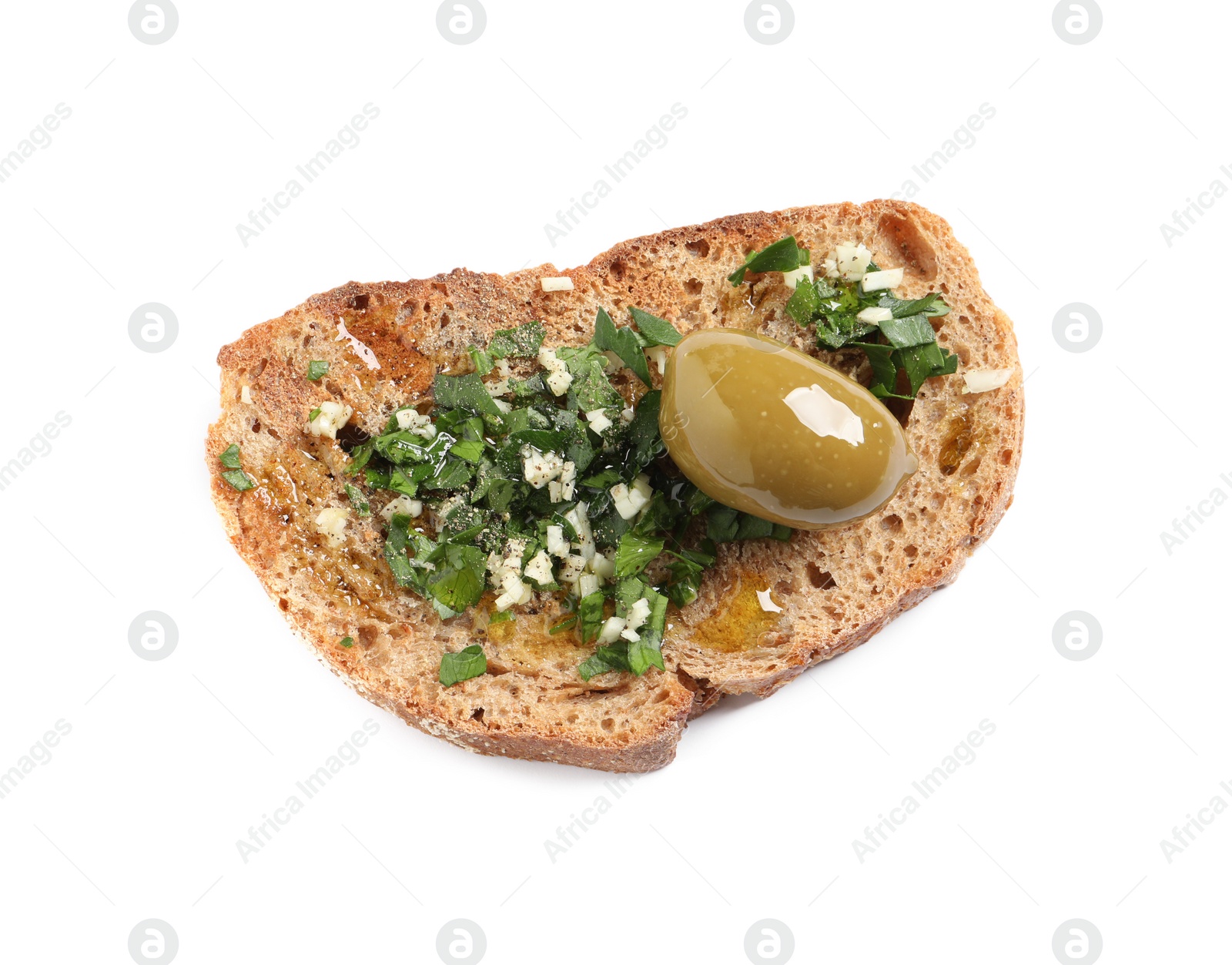 Photo of Tasty bruschetta with oil, garlic and olive isolated on white, top view