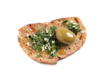 Tasty bruschetta with oil, garlic and olive isolated on white, top view