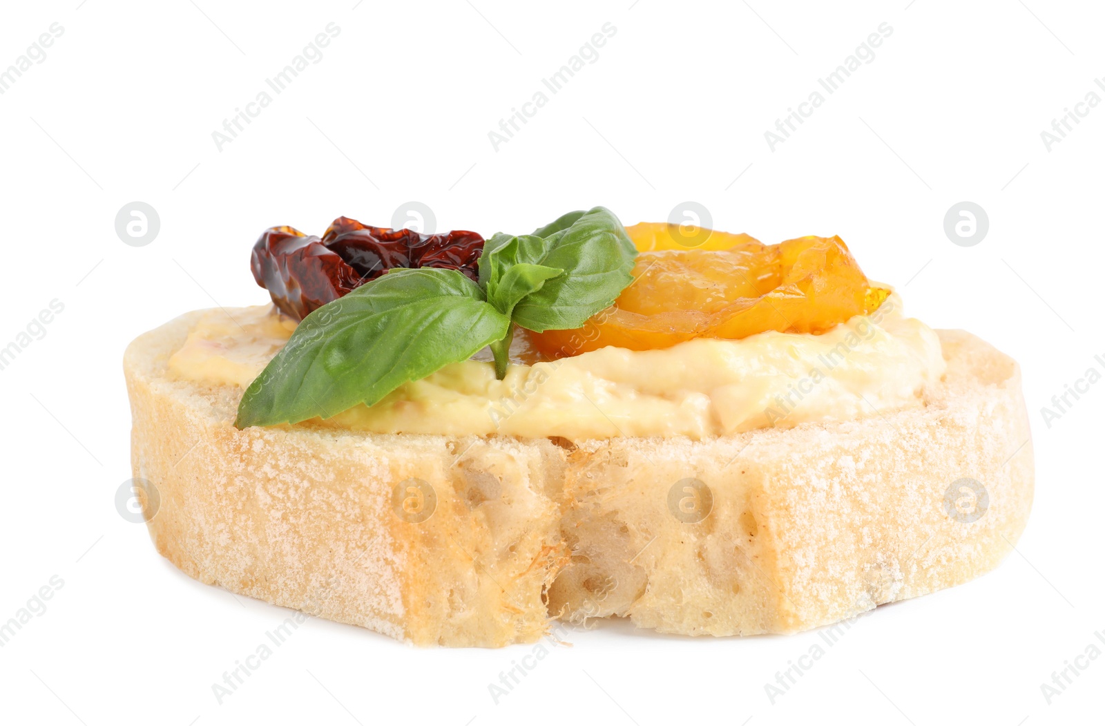 Photo of Tasty fresh tomato bruschettas on white background