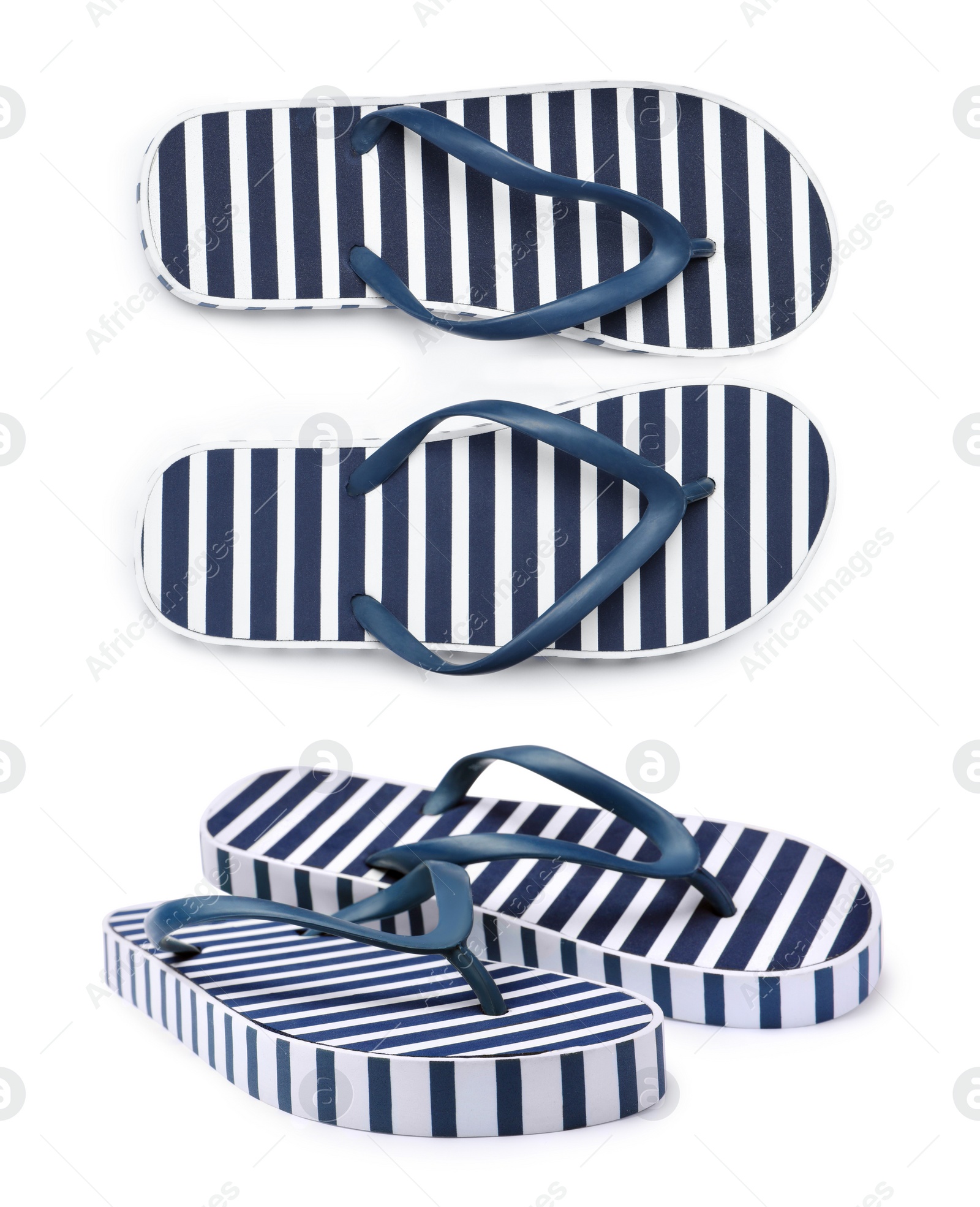 Image of Pairs of striped flip flops on white background, collage