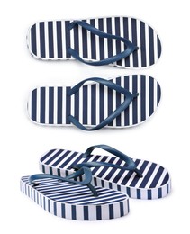 Pairs of striped flip flops on white background, collage