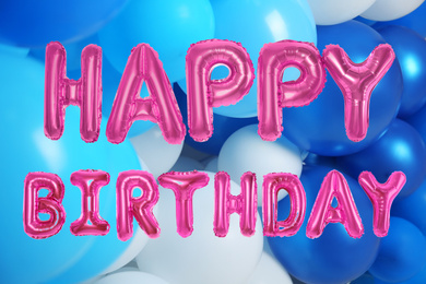 Image of Phrase HAPPY BIRTHDAY made of balloons on color background