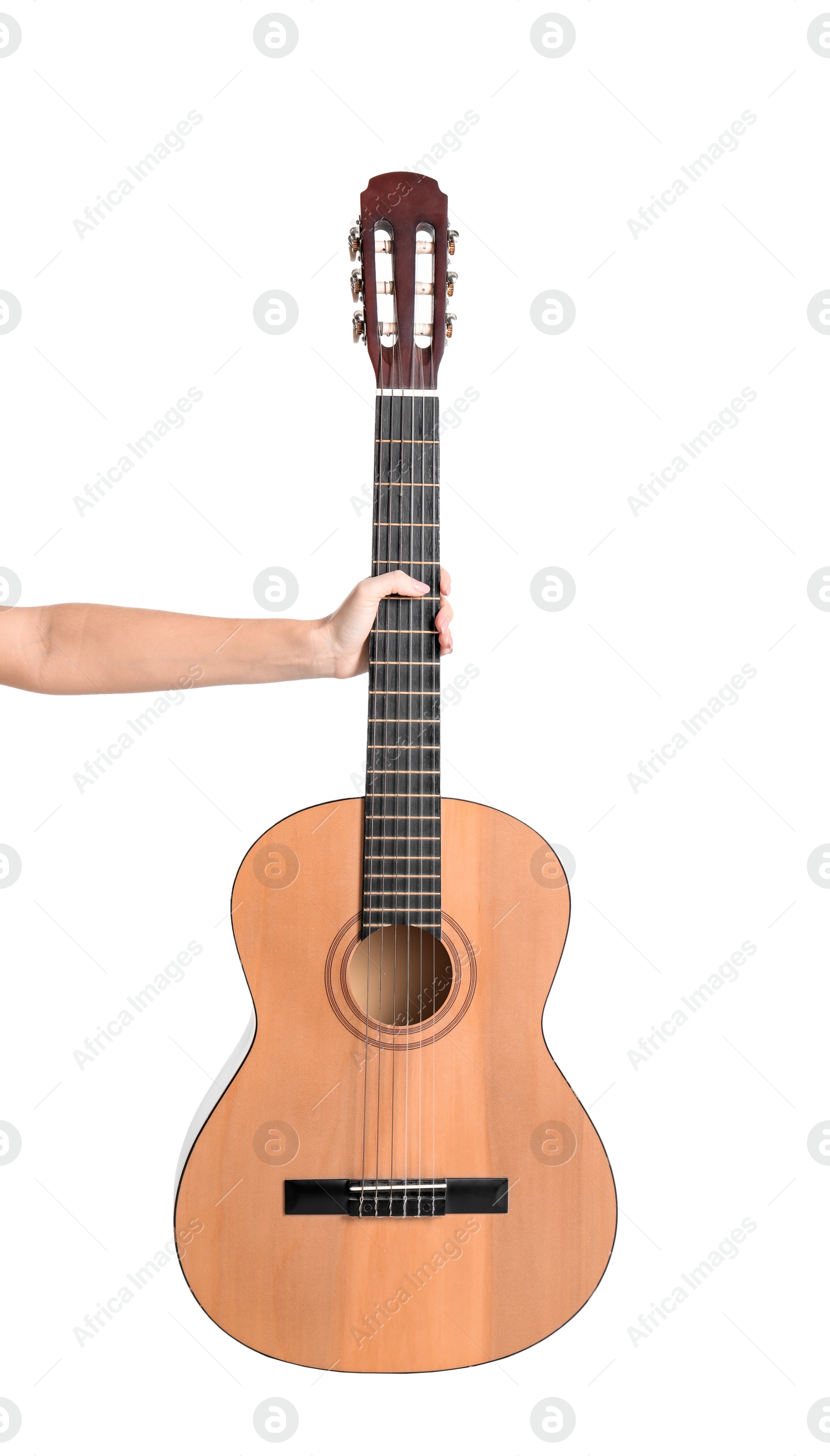 Photo of Woman holding acoustic guitar on white background, closeup