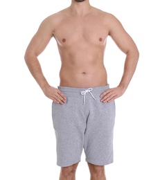 Photo of Young man on white background, closeup. Weight loss