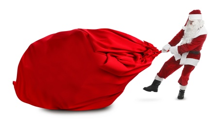 Image of Santa Claus puling enormous red bag full of Christmas gifts on white background