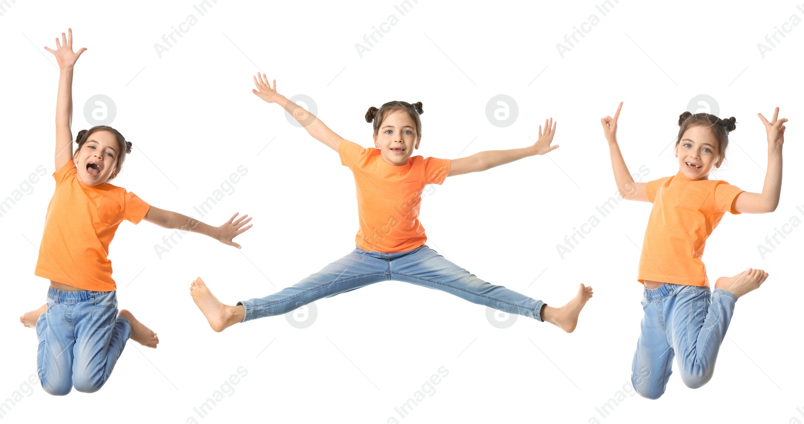 Image of Cute little girl jumping on white background, collage. Banner design