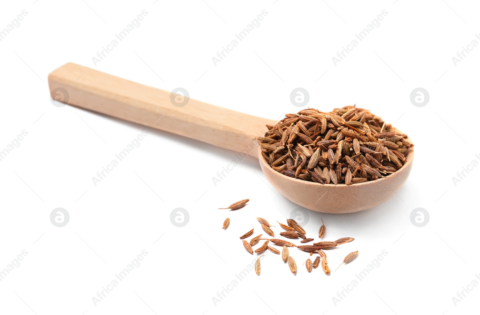 Photo of Spoon of aromatic caraway (Persian cumin) seeds isolated on white