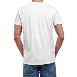 Photo of Man in t-shirt on white background, back view