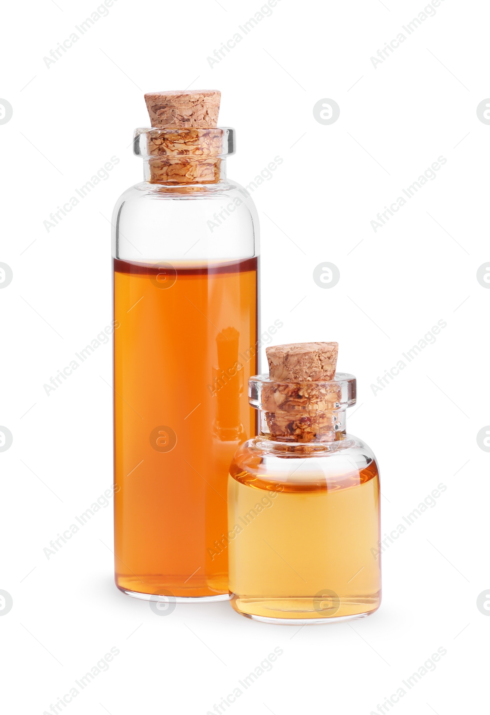 Photo of Bottles of essential oil isolated on white