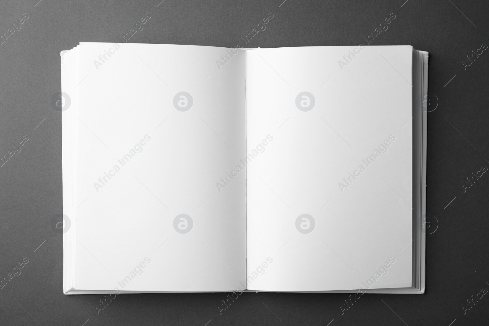 Photo of Open book with blank pages on dark grey background, top view. Mock up for design