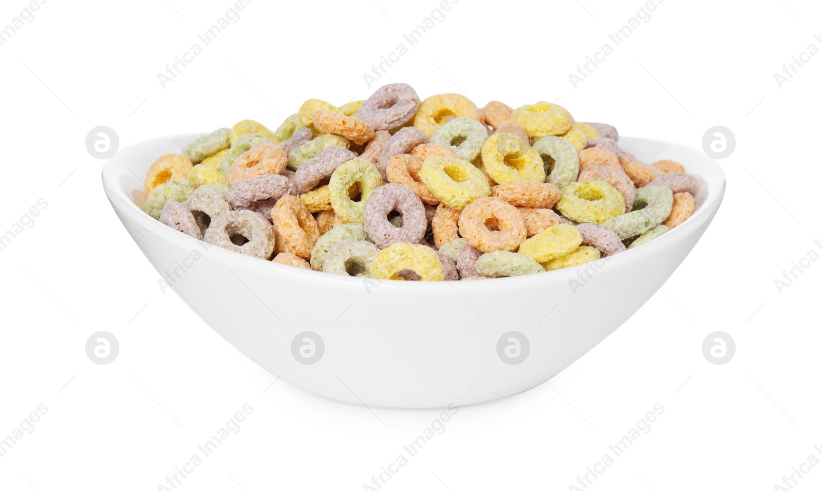 Photo of Tasty cereal rings in bowl isolated on white