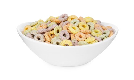 Tasty cereal rings in bowl isolated on white