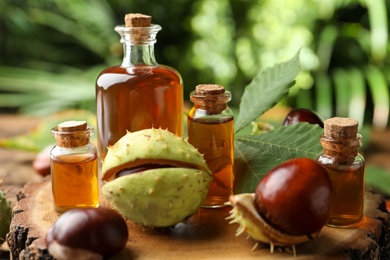 Photo of Chestnuts and bottles of essential oil on wooden log outdoors, closeup