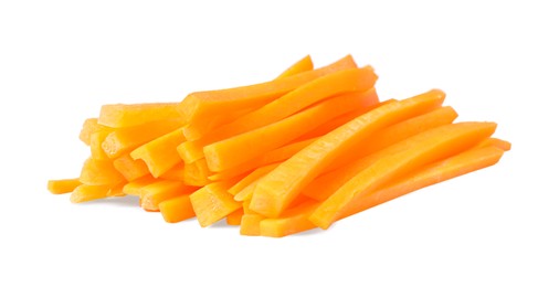 Photo of Pile of delicious carrot sticks isolated on white