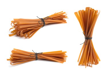 Image of Set with tied uncooked buckwheat noodles on white background