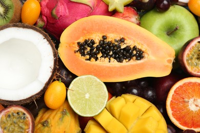 Many different delicious exotic fruits as background, closeup