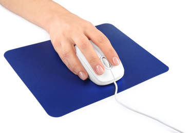 Woman with wired mouse and blue pad isolated on white, closeup