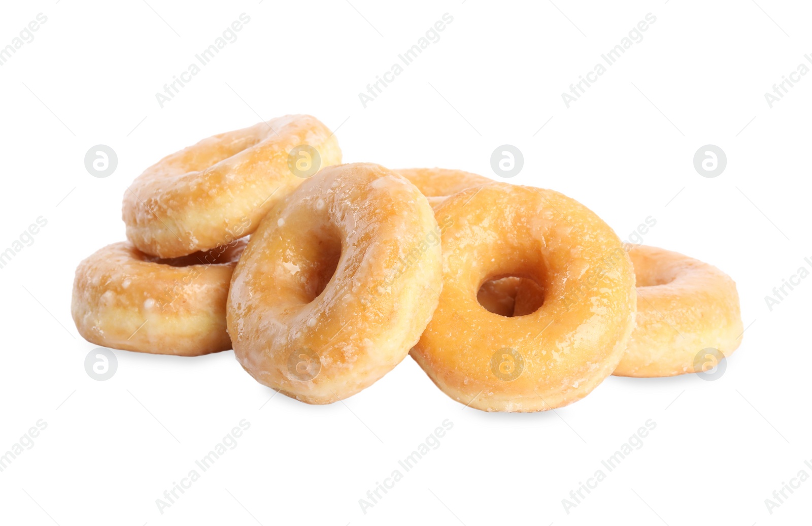 Photo of Sweet delicious glazed donuts on white background