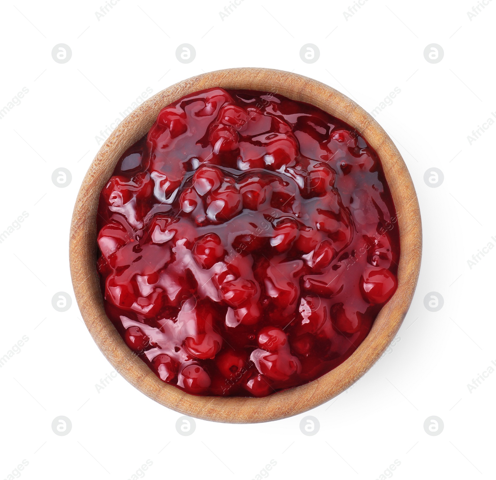 Photo of Fresh cranberry sauce in bowl isolated on white, top view