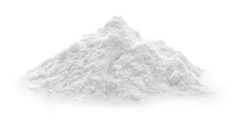 Photo of Pile of baking soda on white background