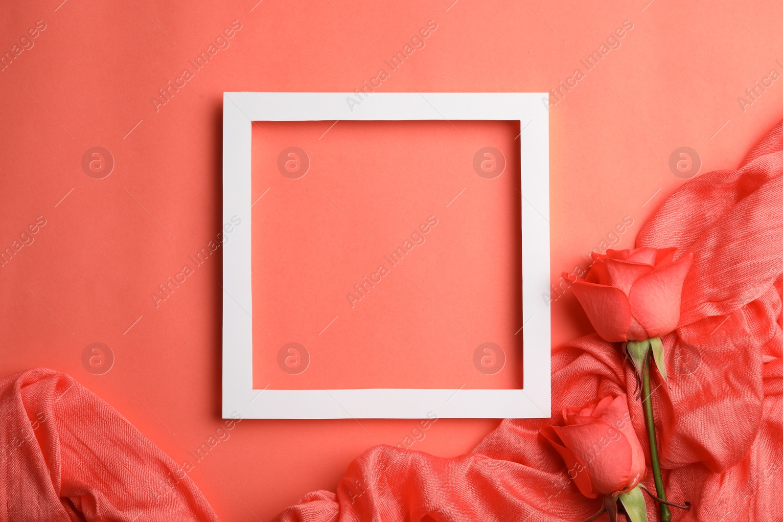 Photo of Flat lay composition with frame, roses and fabric on coral background. Space for text