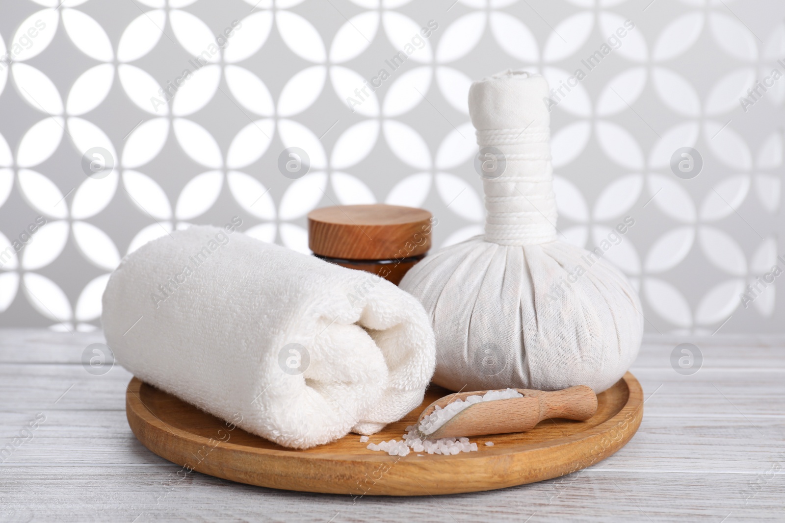 Photo of Spa composition with skin care products on white wooden table