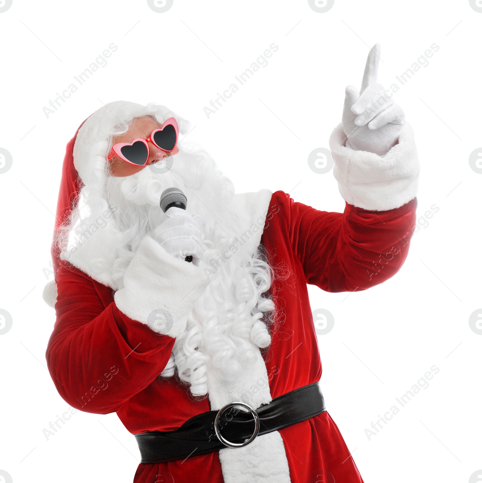 Photo of Santa Claus singing on white background. Christmas music