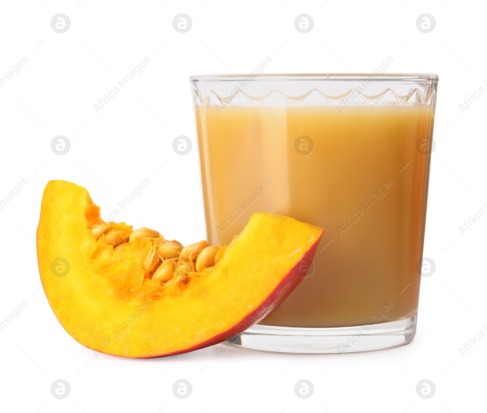 Photo of Glass with pumpkin juice and fresh vegetable on white background