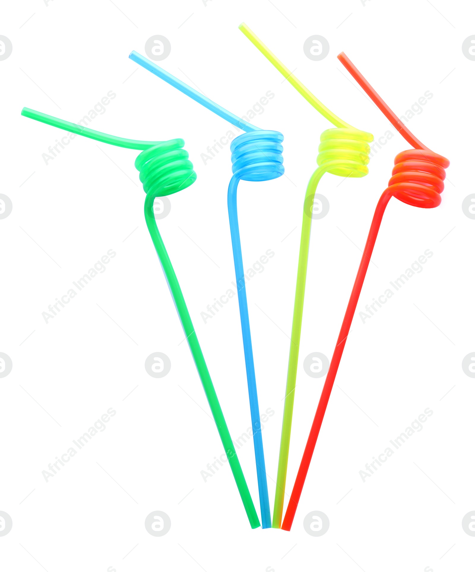 Photo of Color plastic cocktail tubes on white background, top view